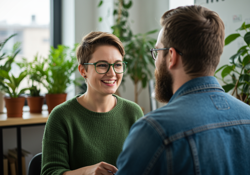 a man and woman sitting at a table